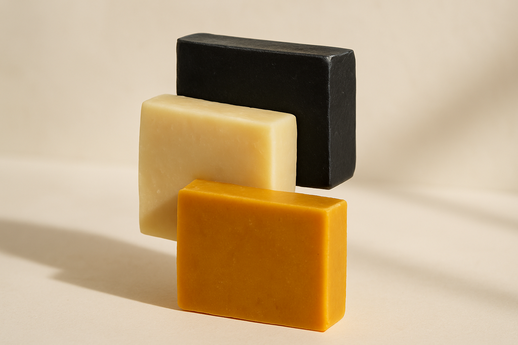 present organic black soap, shea butter soap and turmeric soap superposed
